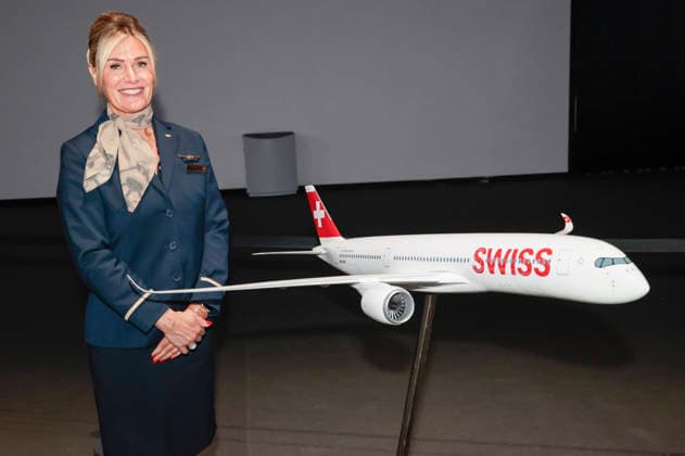 Aircraft of Lufthansa subsidiary SWISS with flight attendant at the Annual General Meeting of Deutsche Lufthansa AG at Messe Frankfurt, Hall 5 1 Congress Center Frankfurt, 12 05 2026 Foto:xR.xSchmiegeltx xFuturexImagex lufthansa_6540
