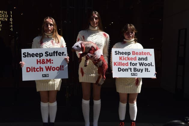 May 12, 2026, London, England, United Kingdom: PETA activists with fake bruises and blood hold a fake dead lamb during a protest outside H&M on Regent Street, calling on the fashion group to stop selling wool. London United Kingdom  - ZUMAv130 20260512_zip_v130_005 Copyright: xVukxValcicx