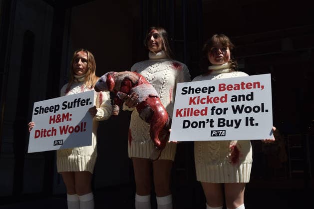May 12, 2026, London, England, United Kingdom: PETA activists with fake bruises and blood hold a fake dead lamb during a protest outside H&M on Regent Street, calling on the fashion group to stop selling wool. London United Kingdom - ZUMAv130 20260512_zip_v130_001 Copyright: xVukxValcicx