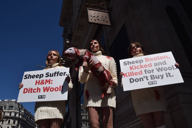 May 12, 2026, London, England, United Kingdom: PETA activists with fake bruises and blood hold a fake dead lamb during a protest outside H&M on Regent Street, calling on the fashion group to stop selling wool. London United Kingdom  - ZUMAv130 20260512_zip_v130_008 Copyright: xVukxValcicx