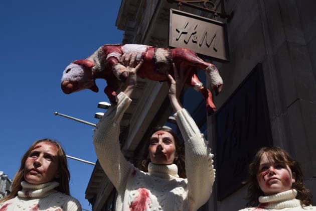 May 12, 2026, London, England, United Kingdom: PETA activists with fake bruises and blood hold a fake dead lamb during a protest outside H&M on Regent Street, calling on the fashion group to stop selling wool. London United Kingdom  - ZUMAv130 20260512_zip_v130_011 Copyright: xVukxValcicx