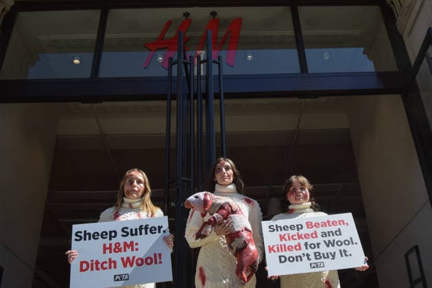 May 12, 2026, London, England, United Kingdom: PETA activists with fake bruises and blood hold a fake dead lamb during a protest outside H&M on Regent Street, calling on the fashion group to stop selling wool. London United Kingdom - ZUMAv130 20260512_zip_v130_003 Copyright: xVukxValcicx