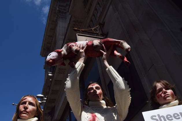 May 12, 2026, London, England, United Kingdom: PETA activists with fake bruises and blood hold a fake dead lamb during a protest outside H&M on Regent Street, calling on the fashion group to stop selling wool. London United Kingdom - ZUMAv130 20260512_zip_v130_009 Copyright: xVukxValcicx