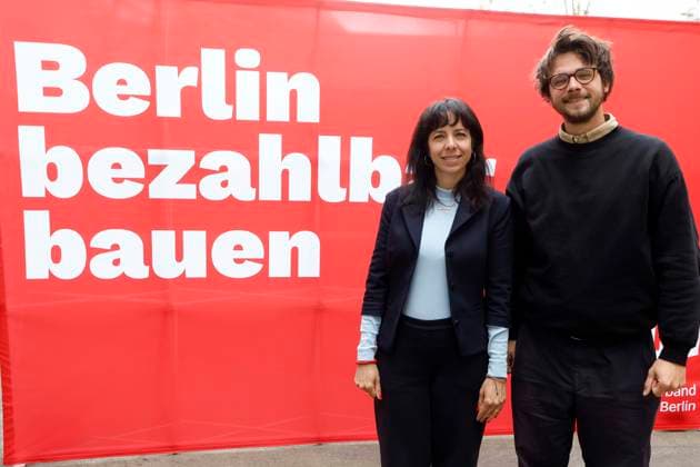 12 05 2026, Elif Eralp, Left Party mayoral candidate, Niklas Schenker, spokesperson for renting, housing, building, Die Linke Berlin presents concept for municipal housing program Berlin Bezahlbar Bauen, Berlin Germany, Germany
