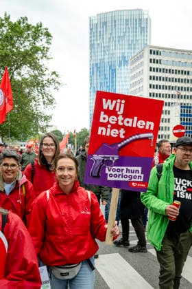 May 12, 2026, Brussels, Brussels, Belgium: For the sixth time since 2025, the three major labour unions have managed to rally their members for a national strike and demonstration. Together with various organisations from different sectors, they have brought 50,000 people onto the streets of Brussels today..The protesters are angry about the reforms of Bart De Weverâ€⠢s federal government. Minister Jan Jambonâ€⠢s pension plans, in particular, are causing a great deal of anger. Various protesters spoke to us: â€oeWe feel robbed.â€Â..The demonstration also passed the American Embassy, where a striking number of people voiced their dissatisfaction with Trump and the US Ambassador to Belgium. ..The offices of the French-speakin - ZUMAr234 20260512_zip_r234_008 Copyright: xBobxReijndersx