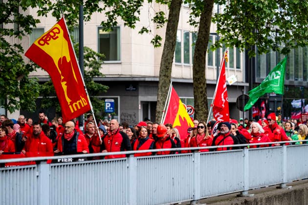 May 12, 2026, Brussels, Brussels, Belgium: For the sixth time since 2025, the three major labour unions have managed to rally their members for a national strike and demonstration. Together with various organisations from different sectors, they have brought 50,000 people onto the streets of Brussels today..The protesters are angry about the reforms of Bart De Weverâ€⠢s federal government. Minister Jan Jambonâ€⠢s pension plans, in particular, are causing a great deal of anger. Various protesters spoke to us: â€oeWe feel robbed.â€Â..The demonstration also passed the American Embassy, where a striking number of people voiced their dissatisfaction with Trump and the US Ambassador to Belgium. ..The offices of the French-speakin - ZUMAr234 20260512_zip_r234_002 Copyright: xBobxReijndersx