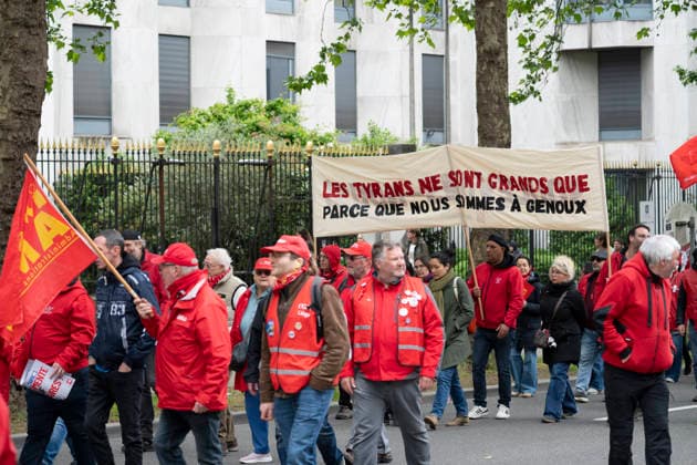 May 12, 2026, Brussels, Brussels, Belgium: For the sixth time since 2025, the three major labour unions have managed to rally their members for a national strike and demonstration. Together with various organisations from different sectors, they have brought 50,000 people onto the streets of Brussels today..The protesters are angry about the reforms of Bart De Weverâ€⠢s federal government. Minister Jan Jambonâ€⠢s pension plans, in particular, are causing a great deal of anger. Various protesters spoke to us: â€oeWe feel robbed.â€Â..The demonstration also passed the American Embassy, where a striking number of people voiced their dissatisfaction with Trump and the US Ambassador to Belgium. ..The offices of the French-speakin - ZUMAr234 20260512_zip_r234_004 Copyright: xBobxReijndersx