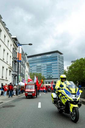 May 12, 2026, Brussels, Brussels, Belgium: For the sixth time since 2025, the three major labour unions have managed to rally their members for a national strike and demonstration. Together with various organisations from different sectors, they have brought 50,000 people onto the streets of Brussels today..The protesters are angry about the reforms of Bart De Weverâ€⠢s federal government. Minister Jan Jambonâ€⠢s pension plans, in particular, are causing a great deal of anger. Various protesters spoke to us: â€oeWe feel robbed.â€Â..The demonstration also passed the American Embassy, where a striking number of people voiced their dissatisfaction with Trump and the US Ambassador to Belgium. ..The offices of the French-speakin - ZUMAr234 20260512_zip_r234_005 Copyright: xBobxReijndersx