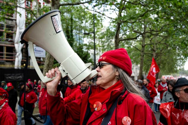 May 12, 2026, Brussels, Brussels, Belgium: For the sixth time since 2025, the three major labour unions have managed to rally their members for a national strike and demonstration. Together with various organisations from different sectors, they have brought 50,000 people onto the streets of Brussels today..The protesters are angry about the reforms of Bart De Weverâ€⠢s federal government. Minister Jan Jambonâ€⠢s pension plans, in particular, are causing a great deal of anger. Various protesters spoke to us: â€oeWe feel robbed.â€Â..The demonstration also passed the American Embassy, where a striking number of people voiced their dissatisfaction with Trump and the US Ambassador to Belgium. ..The offices of the French-speakin - ZUMAr234 20260512_zip_r234_006 Copyright: xBobxReijndersx