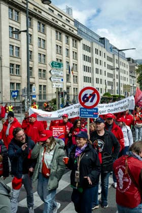May 12, 2026, Brussels, Brussels, Belgium: For the sixth time since 2025, the three major labour unions have managed to rally their members for a national strike and demonstration. Together with various organisations from different sectors, they have brought 50,000 people onto the streets of Brussels today..The protesters are angry about the reforms of Bart De Weverâ€⠢s federal government. Minister Jan Jambonâ€⠢s pension plans, in particular, are causing a great deal of anger. Various protesters spoke to us: â€oeWe feel robbed.â€Â..The demonstration also passed the American Embassy, where a striking number of people voiced their dissatisfaction with Trump and the US Ambassador to Belgium. ..The offices of the French-speakin - ZUMAr234 20260512_zip_r234_011 Copyright: xBobxReijndersx