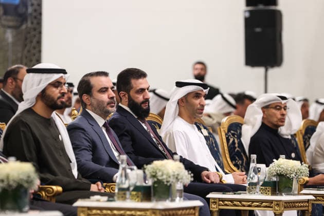 Syria and UAE hold Investment Forum in Damascus DAMASCUS, SYRIA - MAY 12: Syrian President Ahmed al-Sharaa (3rd L) and Syrian Foreign Minister Asaad al-Shaibani (2nd L) attend the second day of the first Syria-UAE Investment Forum at the People s Palace in Damascus, Syria, on May 12, 2026. The forum aims to strengthen economic and investment cooperation between Syria and the United Arab Emirates. Izz Aldien Alqasem Anadolu Damascus Syria. Editorial use only. Please get in touch for any other usage.  Copyright: x2026xAnadoluxIzzxAldienxAlqasemx