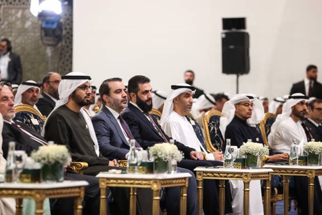 Syria and UAE hold Investment Forum in Damascus DAMASCUS, SYRIA - MAY 12: Syrian President Ahmed al-Sharaa (4th L) and Syrian Foreign Minister Asaad al-Shaibani (3rd L) attend the second day of the first Syria-UAE Investment Forum at the People s Palace in Damascus, Syria, on May 12, 2026. The forum aims to strengthen economic and investment cooperation between Syria and the United Arab Emirates. Izz Aldien Alqasem Anadolu Damascus Syria. Editorial use only. Please get in touch for any other usage.  Copyright: x2026xAnadoluxIzzxAldienxAlqasemx