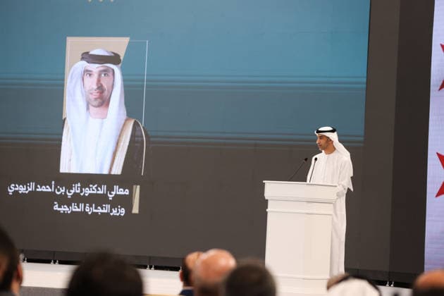 Syria and UAE hold Investment Forum in Damascus DAMASCUS, SYRIA - MAY 12: Thani Al Zeyoudi?, Minister of Foreign Trade of the UAE, makes a speech during the second day of the first Syria-UAE Investment Forum at the People s Palace in Damascus, Syria, on May 12, 2026. The forum aims to strengthen economic and investment cooperation between Syria and the United Arab Emirates. Izz Aldien Alqasem Anadolu Damascus Syria. Editorial use only. Please get in touch for any other usage.  Copyright: x2026xAnadoluxIzzxAldienxAlqasemx