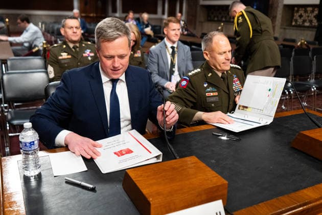 Secretary of the Army Daniel Driscoll UNITED STATES - MAY 12: Secretary of the Army Daniel Driscoll, left, and Vice Chief of Staff of the Army Gen. Christopher LaNeve take their seats for the Senate Armed Services Committee hearing on the U.S. Army 2027 budget request in the Dirksen Senate Office Building on Tuesday, May 12, 2026. (Bill Clark CQ Roll Call) Washington DC United States EDITORIAL USE ONLY Copyright: x 2026xCQxRollxCallx BillxClarkx rollcallpix170824