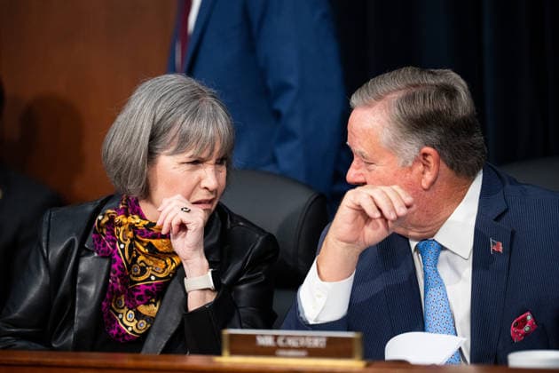 House Appropriations Defense Budget Hearing UNITED STATES - MAY 12: Ranking member Rep. Betty McCollum, D-Minn., and chairman Rep. Ken Calvert, R-Calif., talk before for the start of the House Appropriations Defense Subcommittee hearing on the Defense Department budget on Tuesday, May 12, 2026. (Bill Clark CQ Roll Call) Washington DC United States EDITORIAL USE ONLY Copyright: x 2026xCQxRollxCallx BillxClarkx rollcallpix170811
