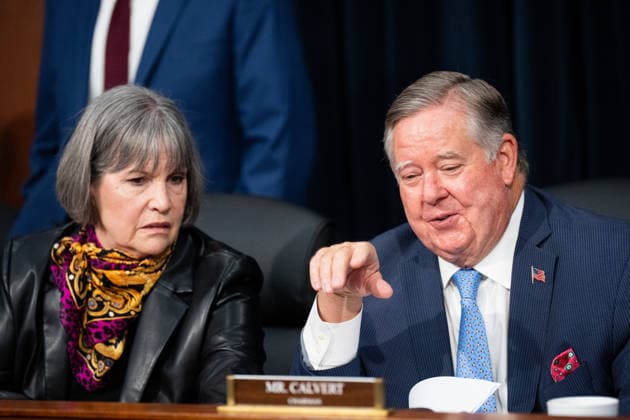 House Appropriations Defense Budget Hearing UNITED STATES - MAY 12: Ranking member Rep. Betty McCollum, D-Minn., and chairman Rep. Ken Calvert, R-Calif., talk before for the start of the House Appropriations Defense Subcommittee hearing on the Defense Department budget on Tuesday, May 12, 2026. (Bill Clark CQ Roll Call) Washington DC United States EDITORIAL USE ONLY Copyright: x 2026xCQxRollxCallx BillxClarkx rollcallpix170815