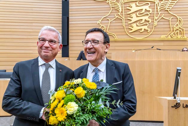 Constituent session of the 18th state parliament of Baden Württemberg President Wolfgang Reinhart on the right congratulates the newly elected state parliament president Thomas Strobl, CDU Curious Greens and CDU are equally strong with 56 MPs each AfD have 35 MPs, the SPD 10 12 05 2026, Stuttgart, Baden Württemberg, Germany