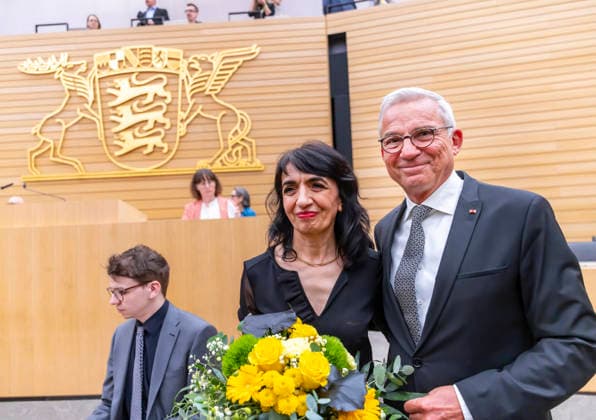 Constituent session of the 18th state parliament of Baden Württemberg Curious The new state parliament president Thomas Strobl CDU congratulates his predecessor and future deputy Muhterem Aras Greens on the election 12 05 2026, Stuttgart, Baden Württemberg, Germany