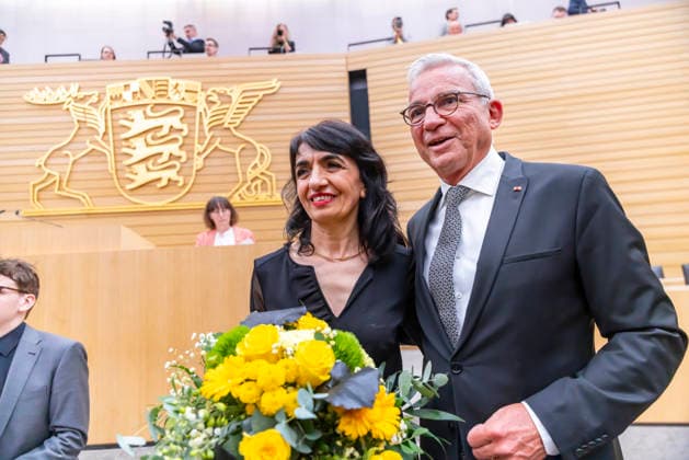 Constituent session of the 18th state parliament of Baden Württemberg Curious The new state parliament president Thomas Strobl CDU congratulates his predecessor and future deputy Muhterem Aras Greens on the election 12 05 2026, Stuttgart, Baden Württemberg, Germany