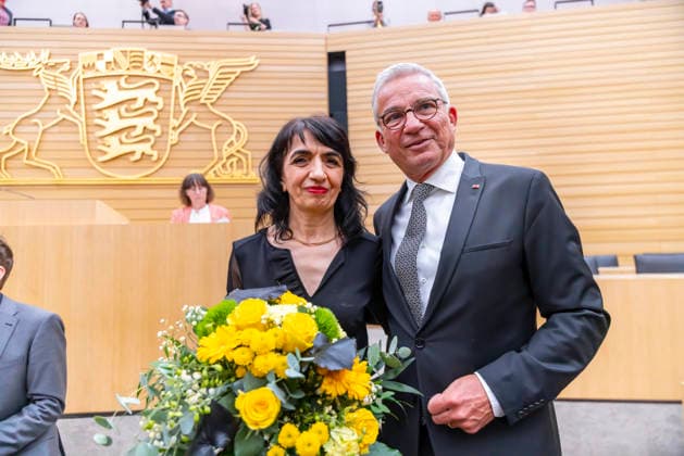 Constituent session of the 18th state parliament of Baden Württemberg Curious The new state parliament president Thomas Strobl CDU congratulates his predecessor and future deputy Muhterem Aras Greens on the election 12 05 2026, Stuttgart, Baden Württemberg, Germany