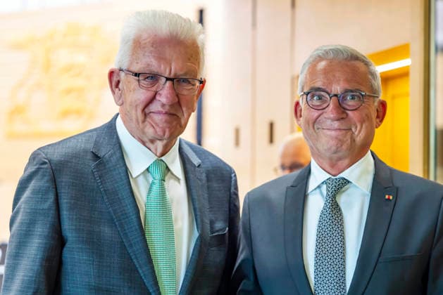 Constituent session of the 18th State Parliament of Baden Württemberg The newly elected President of the State Parliament Thomas Strobl, CDU Left the guest of honor of the session, former Prime Minister Winfried Kretschmann Greens 12 05 2026, Stuttgart, Baden Württemberg, Germany