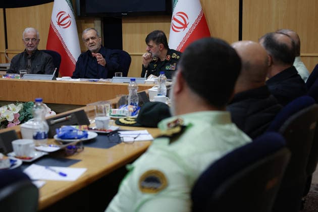 May 12, 2026, Tehran, Iran: Iranian President MASOUD PEZESHKIAN (C), Iranian police chief General AHMAD REZA RADAN (R), and Iran s Minister of Interior, Brigadier General ESKANDAR MOMENI (L), during a meeting of Police Command of the Islamic Republic of Iran officials. Tehran Iran - ZUMAi98_ 20260512_zih_i98_031 Copyright: xIranianxPresidencyx