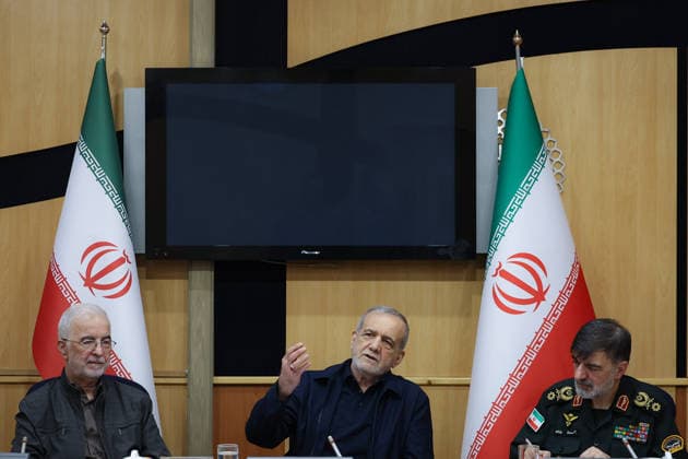 May 12, 2026, Tehran, Iran: Iranian President MASOUD PEZESHKIAN (C), Iranian police chief General AHMAD REZA RADAN (R), and Iran s Minister of Interior, Brigadier General ESKANDAR MOMENI (L), during a meeting of Police Command of the Islamic Republic of Iran officials. Tehran Iran - ZUMAi98_ 20260512_zih_i98_037 Copyright: xIranianxPresidencyx
