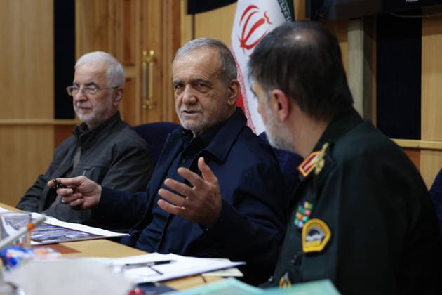 May 12, 2026, Tehran, Iran: Iranian President MASOUD PEZESHKIAN (C), Iranian police chief General AHMAD REZA RADAN (R), and Iran s Minister of Interior, Brigadier General ESKANDAR MOMENI (L), during a meeting of Police Command of the Islamic Republic of Iran officials. Tehran Iran - ZUMAi98_ 20260512_zih_i98_038 Copyright: xIranianxPresidencyx