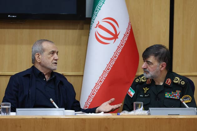 May 12, 2026, Tehran, Iran: Iranian President MASOUD PEZESHKIAN (C), Iranian police chief General AHMAD REZA RADAN (R), during a meeting of Police Command of the Islamic Republic of Iran officials. Tehran Iran - ZUMAi98_ 20260512_zih_i98_039 Copyright: xIranianxPresidencyx
