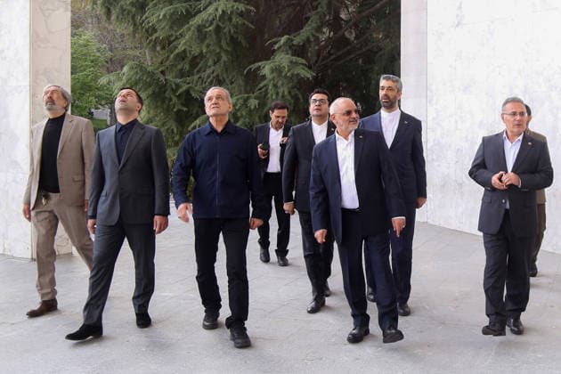 May 12, 2026, Tehran, Iran: Iranian President MASOUD PEZESHKIAN visits the damaged interiors of the Sa dabad Cultural and Historical Complex in Tehran. Since the start of the war, a senior Tehran cultural official said US and Israeli strikes have damaged at least 120 museums and cultural and historic sites nationwide. The Sa dabad Complex is an 80-hectare complex built by the Qajar and Pahlavi monarchs, located in Shemiran, Greater Tehran, Iran. Today, the official residence of the President of Iran is located adjacent to the complex. The complex includes natural forest, streets, qanats, galleries, mansions palaces, and museums. Tehran Iran - ZUMAi98_ 20260512_zih_i98_046 Copyright: xIranianxPresidencyx
