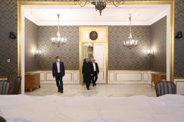 May 12, 2026, Tehran, Iran: Iranian President MASOUD PEZESHKIAN visits the damaged interiors of the Sa dabad Cultural and Historical Complex in Tehran. Since the start of the war, a senior Tehran cultural official said US and Israeli strikes have damaged at least 120 museums and cultural and historic sites nationwide. The Sa dabad Complex is an 80-hectare complex built by the Qajar and Pahlavi monarchs, located in Shemiran, Greater Tehran, Iran. Today, the official residence of the President of Iran is located adjacent to the complex. The complex includes natural forest, streets, qanats, galleries, mansions palaces, and museums. Tehran Iran - ZUMAi98_ 20260512_zih_i98_055 Copyright: xIranianxPresidencyx