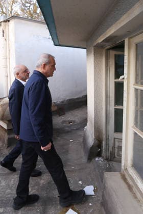 May 12, 2026, Tehran, Iran: Iranian President MASOUD PEZESHKIAN visits the damaged interiors of the Sa dabad Cultural and Historical Complex in Tehran. Since the start of the war, a senior Tehran cultural official said US and Israeli strikes have damaged at least 120 museums and cultural and historic sites nationwide. The Sa dabad Complex is an 80-hectare complex built by the Qajar and Pahlavi monarchs, located in Shemiran, Greater Tehran, Iran. Today, the official residence of the President of Iran is located adjacent to the complex. The complex includes natural forest, streets, qanats, galleries, mansions palaces, and museums. Tehran Iran - ZUMAi98_ 20260512_zih_i98_063 Copyright: xIranianxPresidencyx