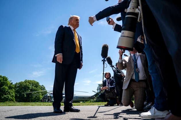 President Donald Trump Departs for Beijing, China President Donald Trump speaks to the press before departing the White House in Washington, DC for Beijing, China on Tuesday, May 12, 2026. Trump and Chinese President Xi Jinping are expected to discuss trade, artificial intelligence, export controls, Taiwan and the Iran war. Photo by Bonnie Cash Pool ABACAPRESS.COM WASHINGTON DC United States  Copyright: xPool ABACAx