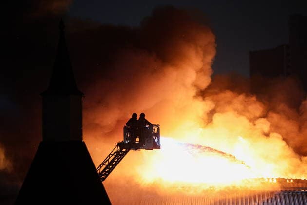 RUSSIA, MOSCOW - MAY 13, 2026: Firefighters battle a fire at the Izmailovo Kremlin. Sofya Sandurskaya TASS  92389952