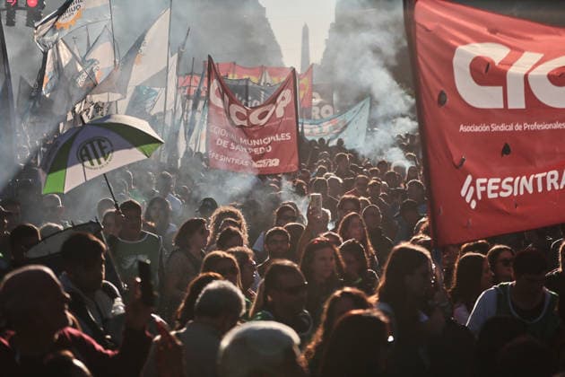 Nationwide march in defense of public university held in Buenos Aires BUENOS AIRES, ARGENTINA - MAY 12: Demonstrators carrying banners, flags, and signs demanding higher education funding and salary increases for professors and researchers march toward Plaza de Mayo during a nationwide demonstration, in Buenos Aires, Argentina, on May 12, 2026. Protesters demand the implementation of the University Funding Law, oppose budget cuts introduced by the government of Argentine President Javier Milei, and advocate for the protection of Argentina’s public university system amid the country’s economic crisis and austerity measures. Luciano Gonzalez Anadolu Buenos Aires Argentina. Editorial use only. Please get in touch for any other usage.  Copyright: x2026xAnadoluxLucianoxGonzalezx