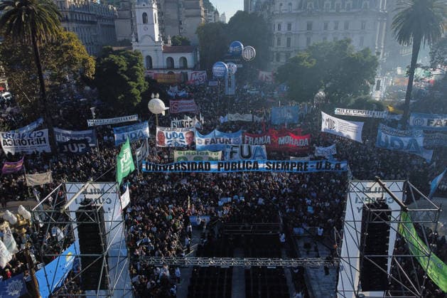 Nationwide march in defense of public university held in Buenos Aires BUENOS AIRES, ARGENTINA - MAY 12: An aerial view of demonstrators carrying banners, flags, and signs demanding higher education funding and salary increases for professors and researchers during a nationwide march toward Plaza de Mayo in Buenos Aires, Argentina, on May 12, 2026. Protesters demand the implementation of the University Funding Law, oppose budget cuts introduced by the government of Argentine President Javier Milei, and advocate for the protection of Argentina’s public university system amid the country’s economic crisis and austerity measures. Luciano Gonzalez Anadolu Buenos Aires Argentina. Editorial use only. Please get in touch for any other usage.  Copyright: x2026xAnadoluxLucianoxGonzalezx