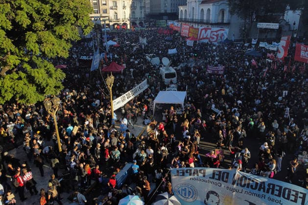 Nationwide march in defense of public university held in Buenos Aires BUENOS AIRES, ARGENTINA - MAY 12: An aerial view of demonstrators carrying banners, flags, and signs demanding higher education funding and salary increases for professors and researchers during a nationwide march toward Plaza de Mayo in Buenos Aires, Argentina, on May 12, 2026. Protesters demand the implementation of the University Funding Law, oppose budget cuts introduced by the government of Argentine President Javier Milei, and advocate for the protection of Argentina’s public university system amid the country’s economic crisis and austerity measures. Luciano Gonzalez Anadolu Buenos Aires Argentina. Editorial use only. Please get in touch for any other usage.  Copyright: x2026xAnadoluxLucianoxGonzalezx
