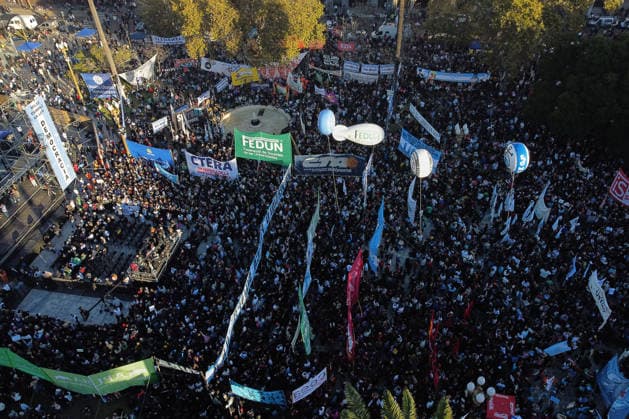 Nationwide march in defense of public university held in Buenos Aires BUENOS AIRES, ARGENTINA - MAY 12: An aerial view of demonstrators carrying banners, flags, and signs demanding higher education funding and salary increases for professors and researchers during a nationwide march toward Plaza de Mayo in Buenos Aires, Argentina, on May 12, 2026. Protesters demand the implementation of the University Funding Law, oppose budget cuts introduced by the government of Argentine President Javier Milei, and advocate for the protection of Argentina’s public university system amid the country’s economic crisis and austerity measures. Luciano Gonzalez Anadolu Buenos Aires Argentina. Editorial use only. Please get in touch for any other usage.  Copyright: x2026xAnadoluxLucianoxGonzalezx