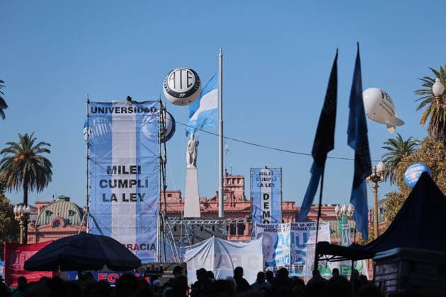 Nationwide march in defense of public university held in Buenos Aires BUENOS AIRES, ARGENTINA - MAY 12: Demonstrators carrying banners, flags, and signs demanding higher education funding and salary increases for professors and researchers march toward Plaza de Mayo during a nationwide demonstration, in Buenos Aires, Argentina, on May 12, 2026. Protesters demand the implementation of the University Funding Law, oppose budget cuts introduced by the government of Argentine President Javier Milei, and advocate for the protection of Argentina’s public university system amid the country’s economic crisis and austerity measures. Luciano Gonzalez Anadolu Buenos Aires Argentina. Editorial use only. Please get in touch for any other usage.  Copyright: x2026xAnadoluxLucianoxGonzalezx