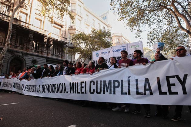 Nationwide march in defense of public university held in Buenos Aires BUENOS AIRES, ARGENTINA - MAY 12: Demonstrators carrying banners, flags, and signs demanding higher education funding and salary increases for professors and researchers march toward Plaza de Mayo during a nationwide demonstration, in Buenos Aires, Argentina, on May 12, 2026. Protesters demand the implementation of the University Funding Law, oppose budget cuts introduced by the government of Argentine President Javier Milei, and advocate for the protection of Argentina’s public university system amid the country’s economic crisis and austerity measures. Luciano Gonzalez Anadolu Buenos Aires Argentina. Editorial use only. Please get in touch for any other usage.  Copyright: x2026xAnadoluxLucianoxGonzalezx