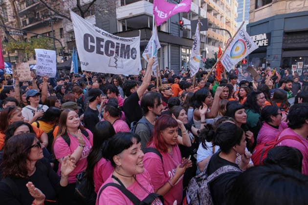 Nationwide march in defense of public university held in Buenos Aires BUENOS AIRES, ARGENTINA - MAY 12: Demonstrators carrying banners, flags, and signs demanding higher education funding and salary increases for professors and researchers march toward Plaza de Mayo during a nationwide demonstration, in Buenos Aires, Argentina, on May 12, 2026. Protesters demand the implementation of the University Funding Law, oppose budget cuts introduced by the government of Argentine President Javier Milei, and advocate for the protection of Argentina’s public university system amid the country’s economic crisis and austerity measures. Luciano Gonzalez Anadolu Buenos Aires Argentina. Editorial use only. Please get in touch for any other usage.  Copyright: x2026xAnadoluxLucianoxGonzalezx