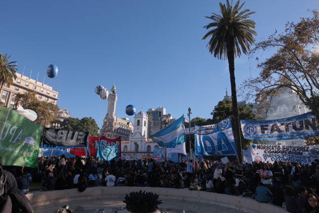 Nationwide march in defense of public university held in Buenos Aires BUENOS AIRES, ARGENTINA - MAY 12: Demonstrators carrying banners, flags, and signs demanding higher education funding and salary increases for professors and researchers march toward Plaza de Mayo during a nationwide demonstration, in Buenos Aires, Argentina, on May 12, 2026. Protesters demand the implementation of the University Funding Law, oppose budget cuts introduced by the government of Argentine President Javier Milei, and advocate for the protection of Argentina’s public university system amid the country’s economic crisis and austerity measures. Luciano Gonzalez Anadolu Buenos Aires Argentina. Editorial use only. Please get in touch for any other usage.  Copyright: x2026xAnadoluxLucianoxGonzalezx