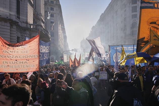 Nationwide march in defense of public university held in Buenos Aires BUENOS AIRES, ARGENTINA - MAY 12: Demonstrators carrying banners, flags, and signs demanding higher education funding and salary increases for professors and researchers march toward Plaza de Mayo during a nationwide demonstration, in Buenos Aires, Argentina, on May 12, 2026. Protesters demand the implementation of the University Funding Law, oppose budget cuts introduced by the government of Argentine President Javier Milei, and advocate for the protection of Argentina’s public university system amid the country’s economic crisis and austerity measures. Luciano Gonzalez Anadolu Buenos Aires Argentina. Editorial use only. Please get in touch for any other usage.  Copyright: x2026xAnadoluxLucianoxGonzalezx