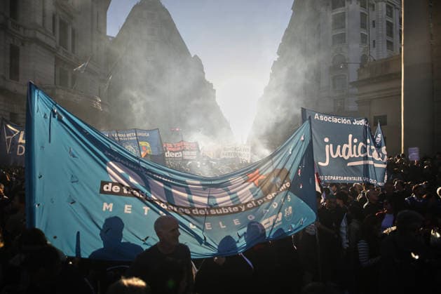 Nationwide march in defense of public university held in Buenos Aires BUENOS AIRES, ARGENTINA - MAY 12: Demonstrators carrying banners, flags, and signs demanding higher education funding and salary increases for professors and researchers march toward Plaza de Mayo during a nationwide demonstration, in Buenos Aires, Argentina, on May 12, 2026. Protesters demand the implementation of the University Funding Law, oppose budget cuts introduced by the government of Argentine President Javier Milei, and advocate for the protection of Argentina’s public university system amid the country’s economic crisis and austerity measures. Luciano Gonzalez Anadolu Buenos Aires Argentina. Editorial use only. Please get in touch for any other usage.  Copyright: x2026xAnadoluxLucianoxGonzalezx