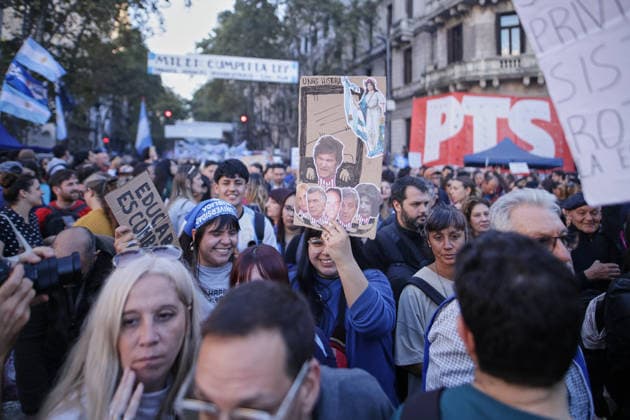 Nationwide march in defense of public university held in Buenos Aires BUENOS AIRES, ARGENTINA - MAY 12: Demonstrators carrying banners, flags, and signs demanding higher education funding and salary increases for professors and researchers march toward Plaza de Mayo during a nationwide demonstration, in Buenos Aires, Argentina, on May 12, 2026. Protesters demand the implementation of the University Funding Law, oppose budget cuts introduced by the government of Argentine President Javier Milei, and advocate for the protection of Argentina’s public university system amid the country’s economic crisis and austerity measures. Luciano Gonzalez Anadolu Buenos Aires Argentina. Editorial use only. Please get in touch for any other usage.  Copyright: x2026xAnadoluxLucianoxGonzalezx