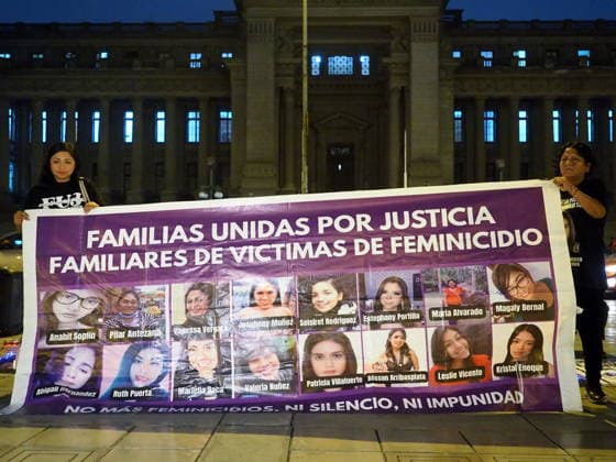 May 12, 2026, Lima, Lima, Peru: Relatives of victims of femicide can be read on a banner when a group of women protest in front of the judiciary the serious threat to women s rights posed by recent congressional bills that seek to eliminate in Peru the crime of femicide and also threatens female victims who report violence. Lima Peru - ZUMAg240 20260512_zip_g240_002 Copyright: xCarlosxGarciaxGranthonx