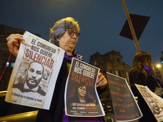 May 12, 2026, Lima, Lima, Peru: Congress wants to silence us, reads several posters when a group of women protest in front of the judiciary the serious threat to women s rights posed by recent congressional bills that seek to eliminate in Peru the crime of femicide and also threatens female victims who report violence. Lima Peru - ZUMAg240 20260512_zip_g240_010 Copyright: xCarlosxGarciaxGranthonx