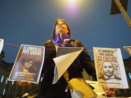 May 12, 2026, Lima, Lima, Peru: Congress wants to silence us, reads several posters when a group of women protest in front of the judiciary the serious threat to women s rights posed by recent congressional bills that seek to eliminate in Peru the crime of femicide and also threatens female victims who report violence. Lima Peru - ZUMAg240 20260512_zip_g240_011 Copyright: xCarlosxGarciaxGranthonx