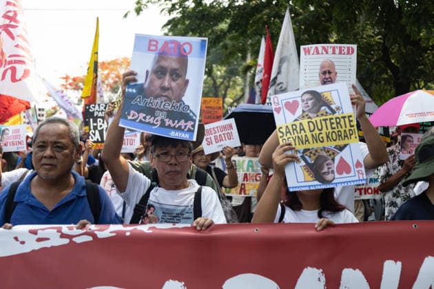 May 13, 2026, Pasay City, Ncr, Philippines: Morning before the Senate session, groups from Bagong Alyansang Makabayan condemns the Senate s decision to shield War on Drugs perpetrator Ronald Bato dela Rosa from an International Criminal Court arrest warrant, in front of the Senate of the Philippines in Pasay City on May 13, 2025.....The groups staged a protest demanding the Senate proceed forthwith with Vice President Sara Duterte s impeachment. Pasay City Philippines - ZUMAm340 20260513_zip_m340_006 Copyright: xZedrichxXylakxMadridx