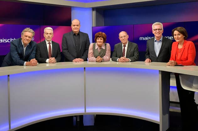 Hajo Schumacher, Carlo Masala, Robin Alexander, Annette Dittert, Gregor Gysi, Thomas de Maiziere and Sandra Maischberger on the ARD talk show maischberger in Studio Berlin Adlershof Berlin, 12 05 2026 Foto:xM.xBehrensx xFuturexImagex maischberger1205_6502
